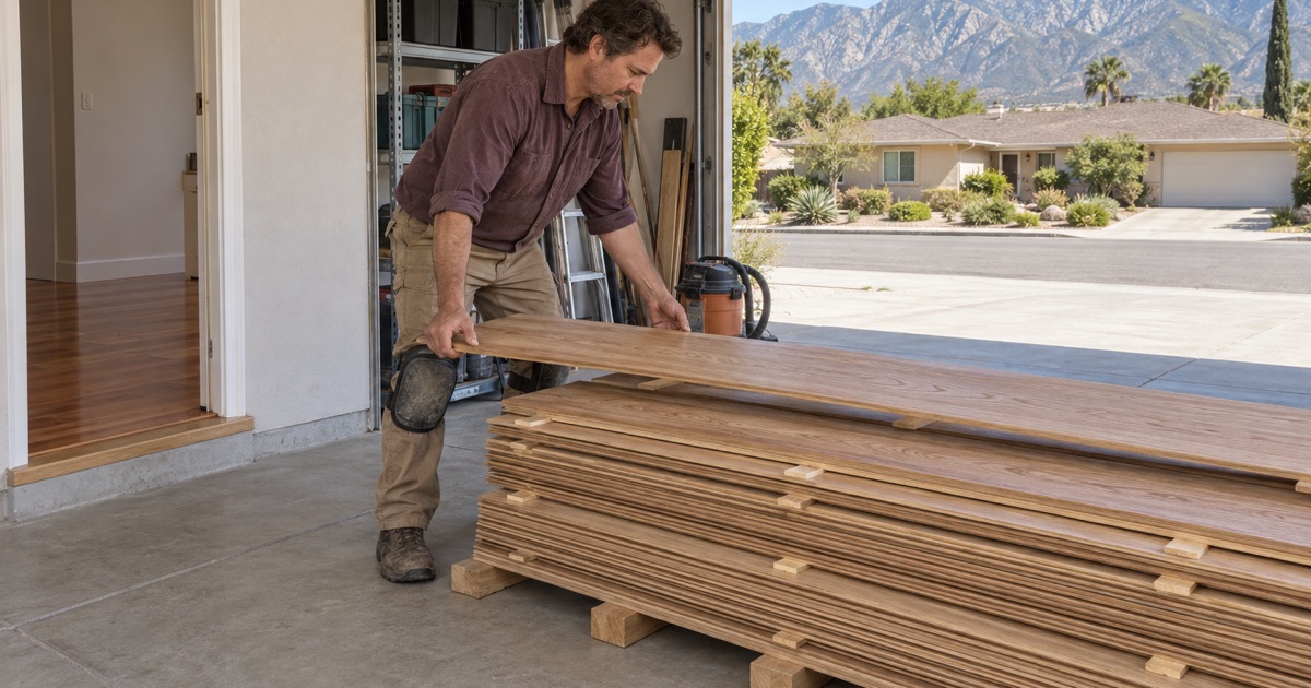 Worker stacking new oak flooring boards with spacer battens between the layers inside a garage in Upland, the mountains beyond the open door.