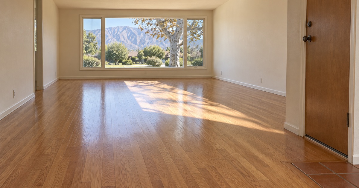 Refinished oak floor in the living room of a 1970s ranch house in Upland, morning light across the boards and the San Gabriel Mountains in the window.