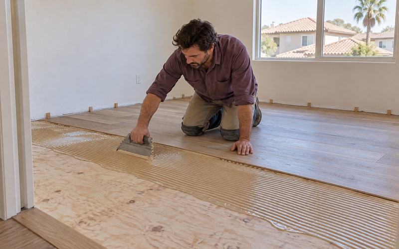 Worker spreading flooring adhesive with a notched trowel ahead of new engineered white oak planks in an upstairs room of an Upland house.