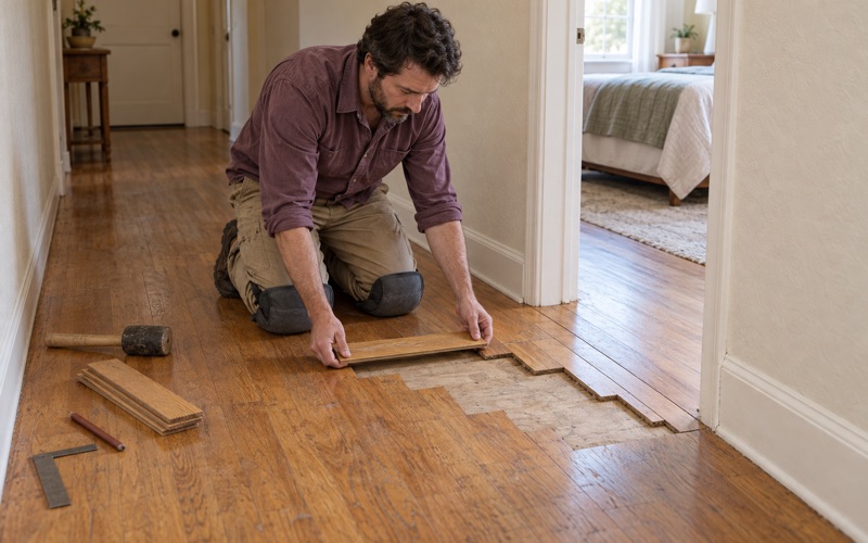 Worker weaving a new red oak strip into a staggered repair in the hallway floor of an Upland house so the joints do not line up.