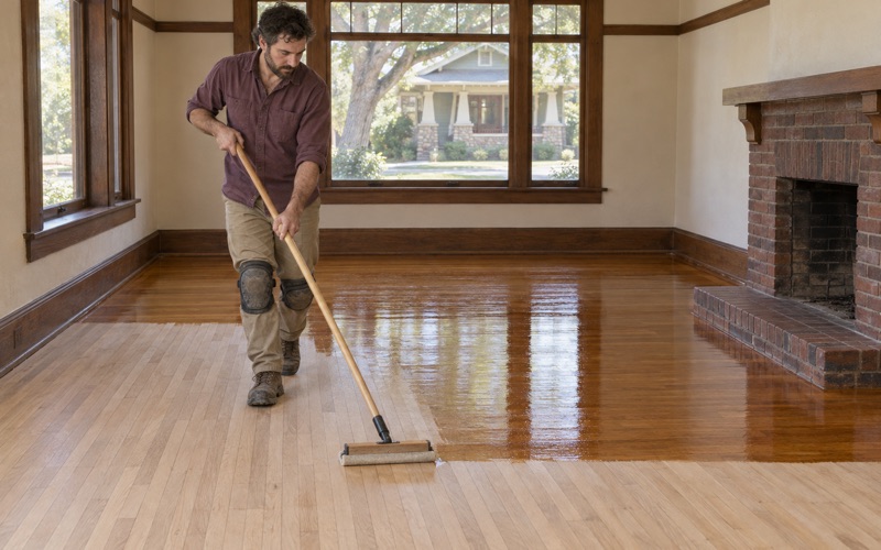 Worker drawing a finish applicator backwards across restored original oak strip flooring in a Craftsman bungalow in Upland.