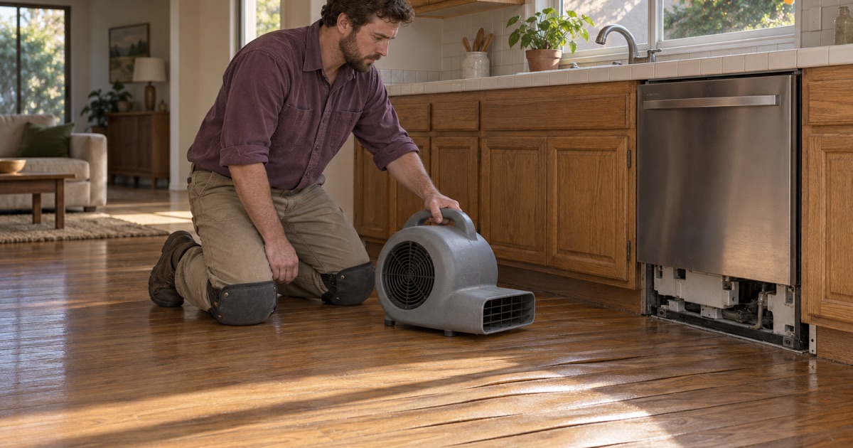 Worker setting an air mover to blow across cupped oak boards in front of a leaking dishwasher in an Upland kitchen.