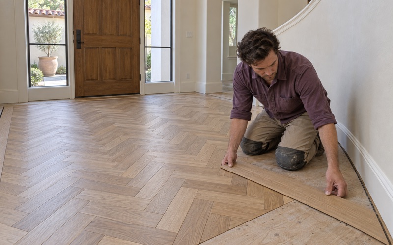 Worker laying a straight white oak border board along a new herringbone floor in the entry of an Upland house.