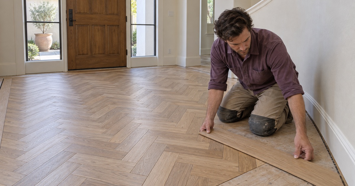 Worker laying a straight white oak border board along a new herringbone floor in the entry of an Upland house.