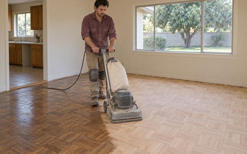 Worker sanding an old oak parquet floor with a square orbital floor sander in the dining room of a 1970s house in Upland.