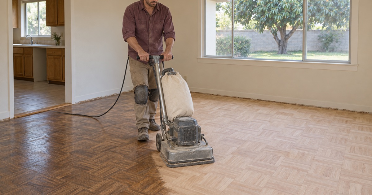 Worker sanding an old oak parquet floor with a square orbital floor sander in the dining room of a 1970s house in Upland.