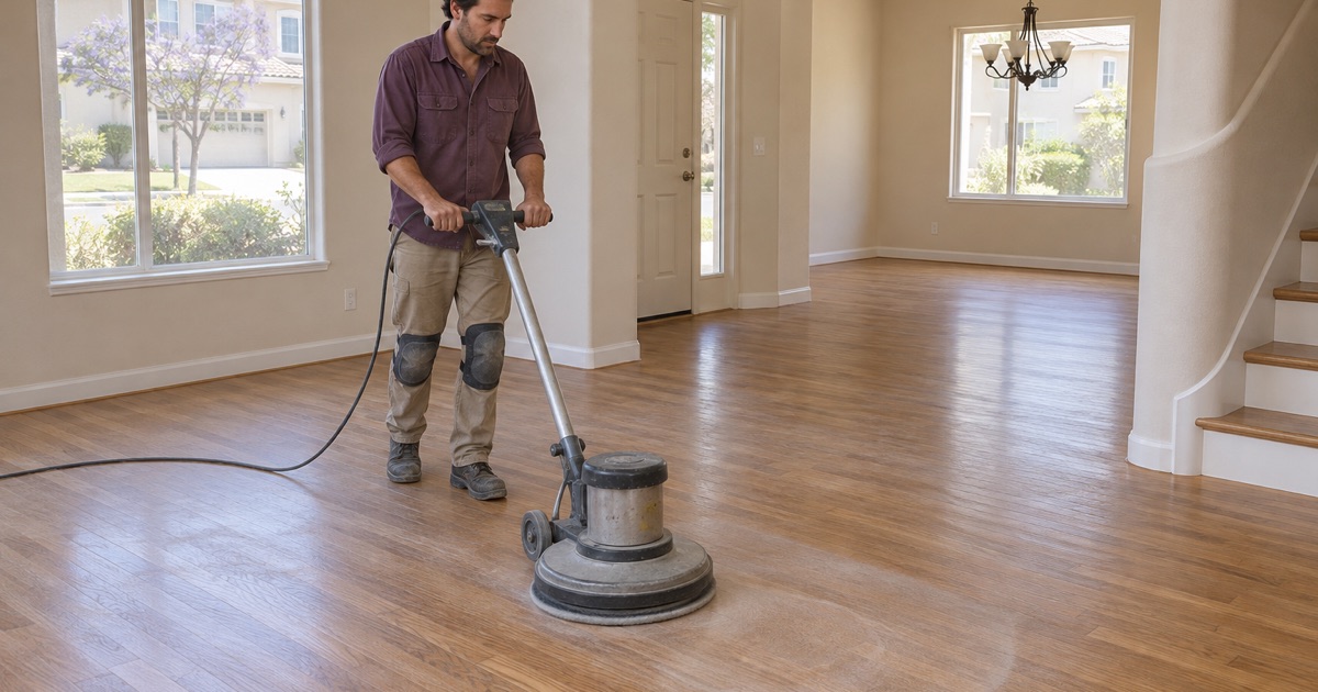 Worker screening the finish on an oak floor with a floor buffer before a fresh recoat in a two-story Upland house.