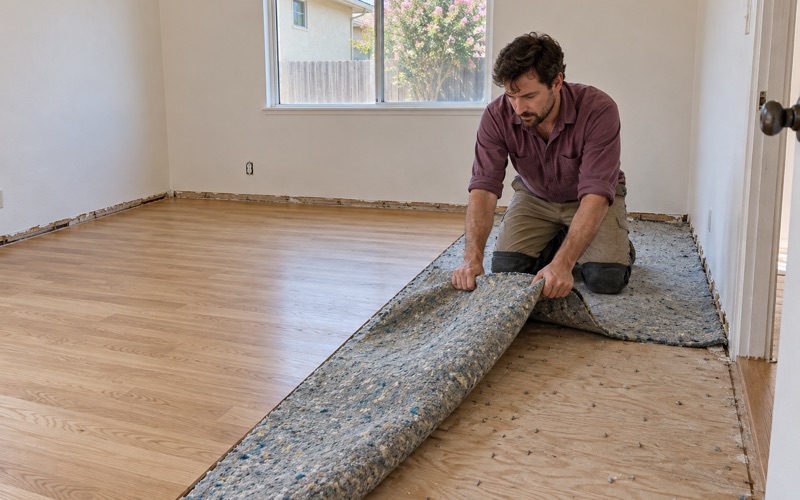 Worker peeling up old carpet pad beside a half-laid new oak floor in a bedroom of an Upland house.