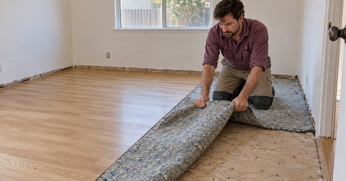 Worker peeling up old carpet pad beside a half-laid new oak floor in a bedroom of an Upland house.