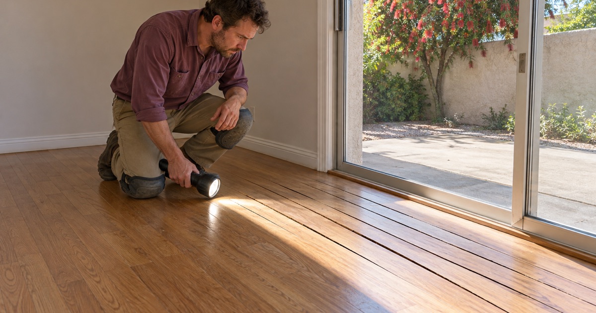 Worker shining a flashlight low across red oak boards with open gaps between them near a sliding door in an Upland house.