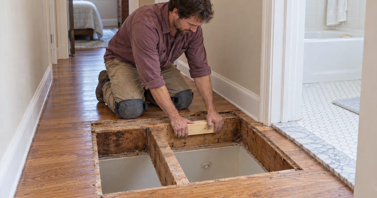 Worker fitting new lumber blocking between floor joists where damaged subfloor was cut out of an upstairs hallway in an Upland house.