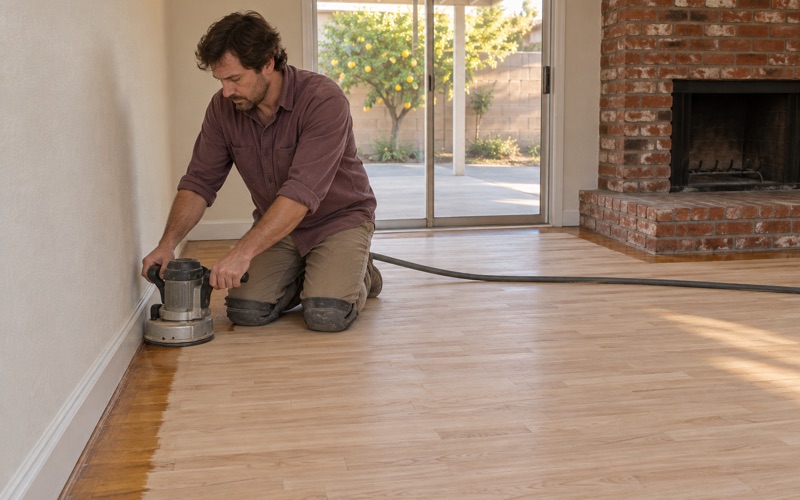 Worker running an edger along the wall of a sanded red oak floor in a two-story Upland house, bringing the perimeter to bare wood.