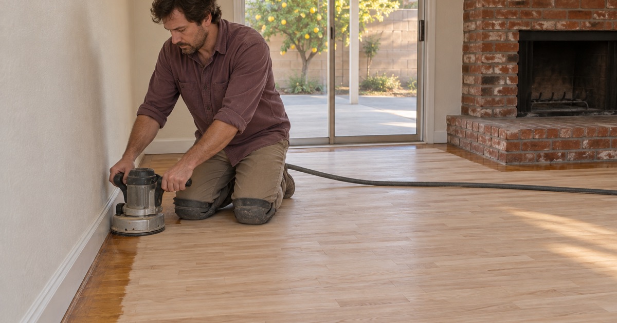 Worker running an edger along the wall of a sanded red oak floor in a two-story Upland house, bringing the perimeter to bare wood.