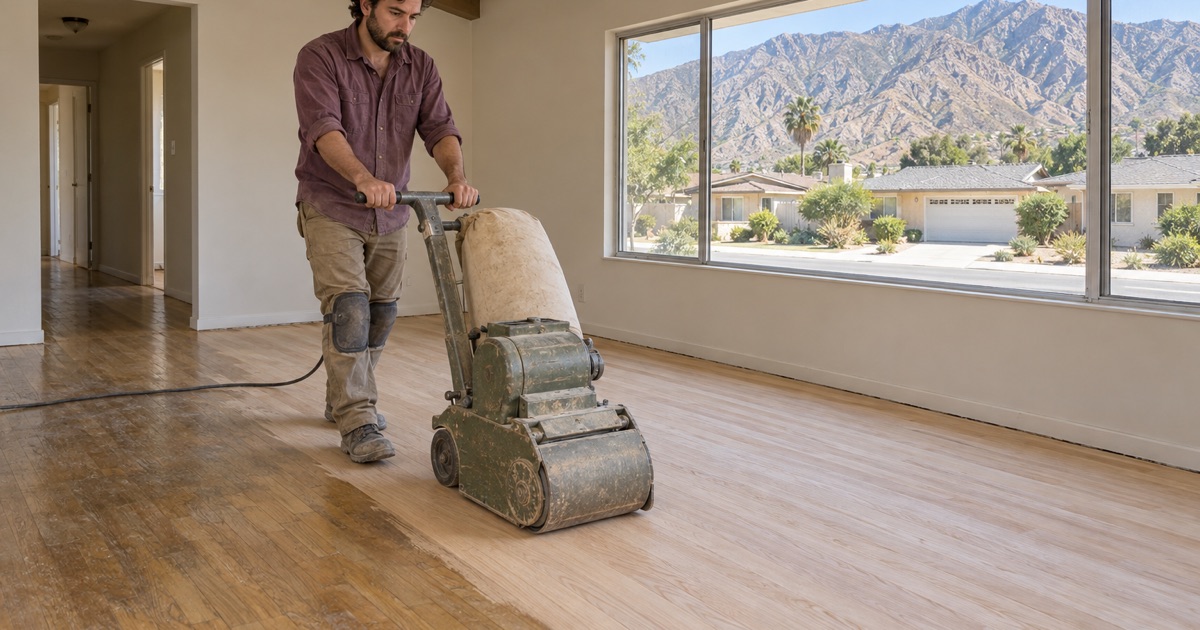 Worker walking a drum sander across red oak strip flooring in a 1970s ranch house in Upland, the San Gabriel Mountains in the window.